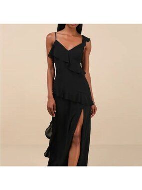 Lulus Utterly Captivating Black Ruffled Sleeveless Maxi Dress Formal Sexy XL